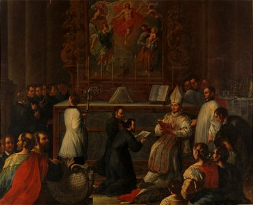 Profesión de votos de los padres Francisco Caracciolo y Agustín Adorno ante el vicario general de la diócesis de Nápoles, de Pedro Rodríguez de Miranda (Museo del Prado)