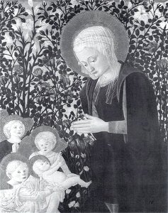 Pseudo-Pier Francesco Fiorentino - Maria en kind met engelen in een rozentuin - 1089 - Städel Museum. Free illustration for personal and commercial use.