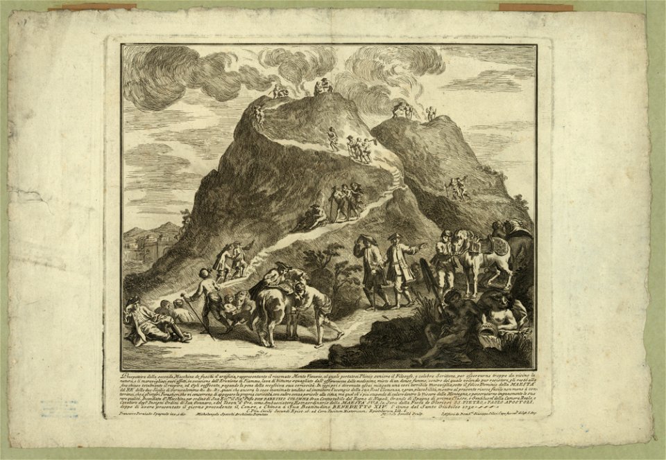 Prospettiva della seconda macchina de fuochi d'artificio, rappresentante il rinomato Monte Vesuvio, alquale portato si Plinio seniore il filosofo, e celebre scrittore per of servarne troppo LCCN2006677663