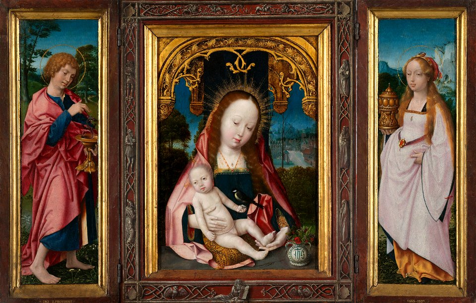 Drieluik met Maria en kind, Johannes de Evangelist (linker luik) en Maria Magdalena (rechter luik) Rijksmuseum SK-A-2570