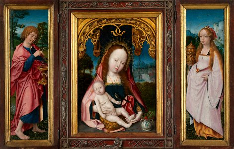 Drieluik met Maria en kind, Johannes de Evangelist (linker luik) en Maria Magdalena (rechter luik) Rijksmuseum SK-A-2570. Free illustration for personal and commercial use.
