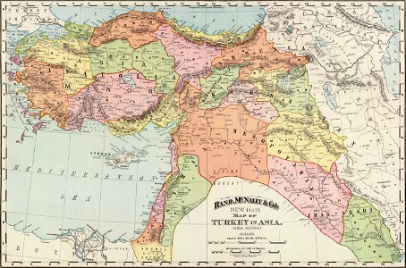 Rand, McNally & Co.'s new 14 x 21 map of Turkey in Asia, Asia Minor. Copyright 1895, by Rand, McNally & Co. (Chicago, 1897). Free illustration for personal and commercial use.