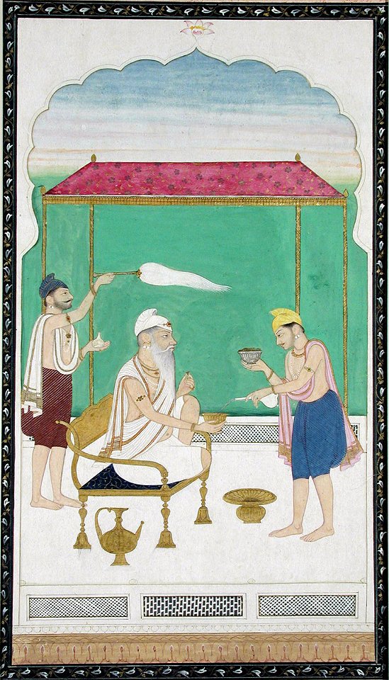 Ranjit Singh seated on a gold chair, attended by a morchal- bearer and served wi (6125138908)