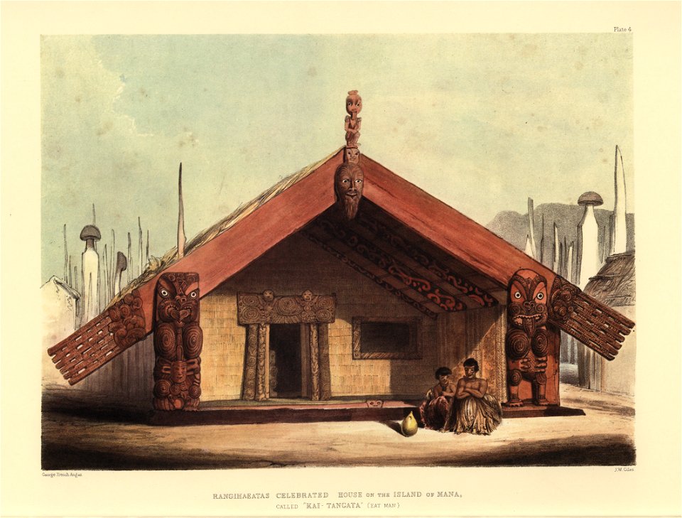 RANGIHAEATAS CELEBRATED HOUSE ON THE ISLAND OF MANA, CALLED KAI-TANGATA (EAT MAN), The New Zealanders Illustrated, 1847