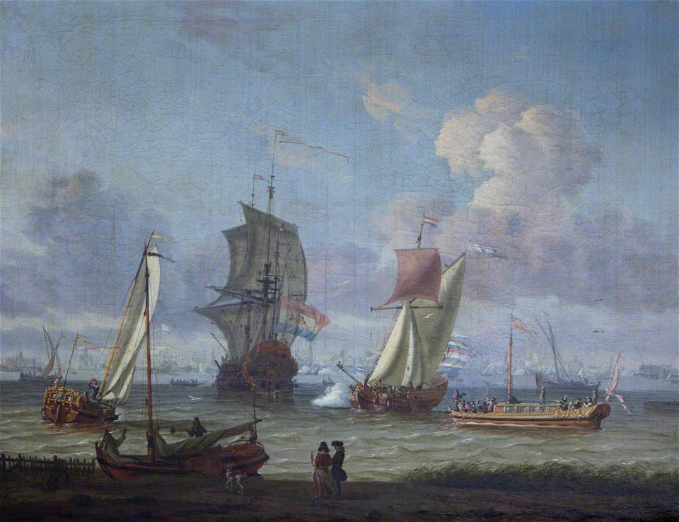 Ranleagh Barrett (d.1768) - A State Barge and Other Shipping near the Shore (after Abraham Jansz. Storck) - 1401182 - National Trust