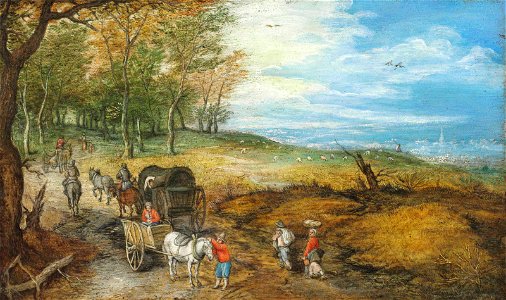 Ravelers with carts and a wagon on a country road, a city beyond
