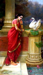 Ravi Varma-Princess Damayanthi talking with Royal Swan about Nala. Free illustration for personal and commercial use.