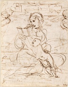 Raphael - Reading Madonna and Child in a Landscape betweem two Cherub Heads (recto), 1509 - Google Art Project