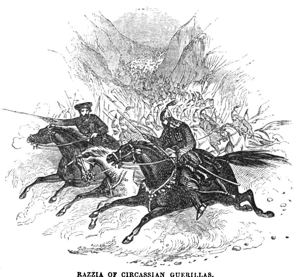 Razzia of Circassian Guerillas. Edmund Spencer. Turkey, Russia, the Black Sea, and Circassia.P.359. Free illustration for personal and commercial use.