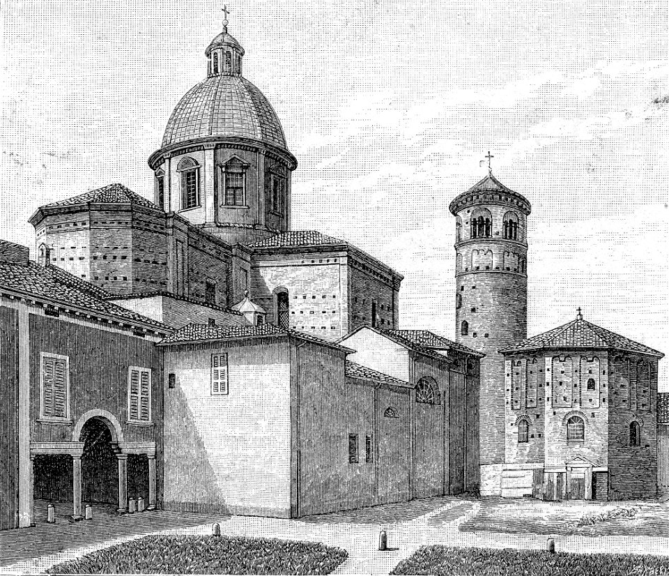 Ravenna parte posteriore della Cattedrale e del Battistero xilografia