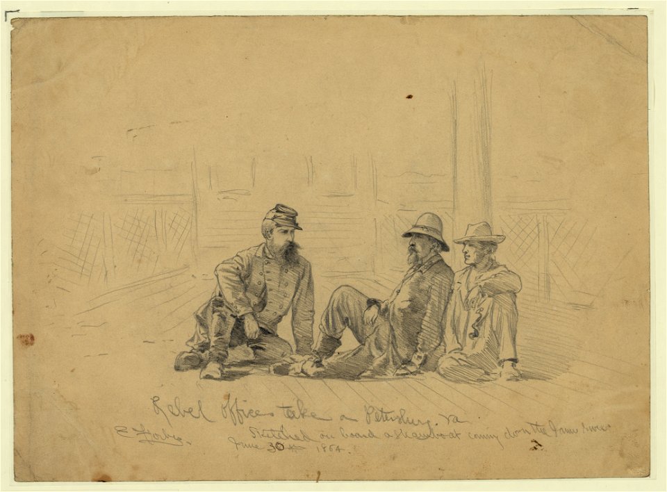 Rebel officers take(n) a(t) Petersburg, Va. - sketched on board a steamboat coming down the James River - E. Forbes. LCCN2004661876