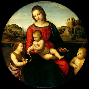 Raphael - Mary with the Child, John the Baptist and a Holy Boy (Madonna Terrranuova) - Google Art Project. Free illustration for personal and commercial use.