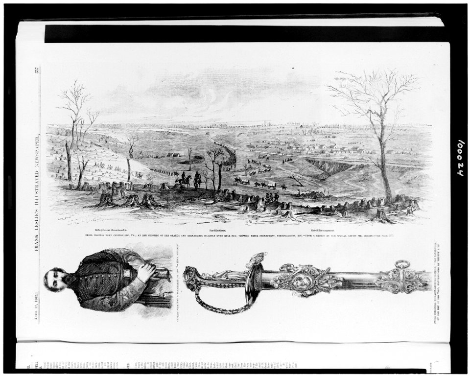 Rebel position near Centreville, Va., at the crossing of the Orange and Alexandria Railway over Bull Run, showing rebel encampment, fortifications, etc. - from a sketch by our special artist LCCN90709508