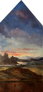 Rebecca Dulcibella Orpen (1830-1923) - Evening Landscape with a River and Mountains (centre panel backdrop to a crucifix) - 343183 - National Trust