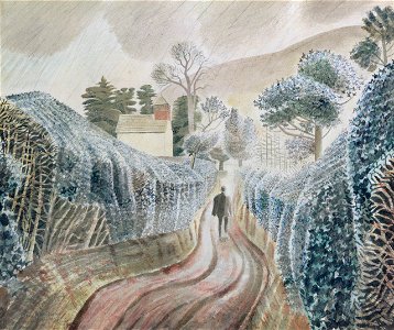 Ravilious - wet-afternoon-by-eric-ravilious-view-of-the-church-of-st-mary-capel-y-ffin-powys-c-1938. Free illustration for personal and commercial use.