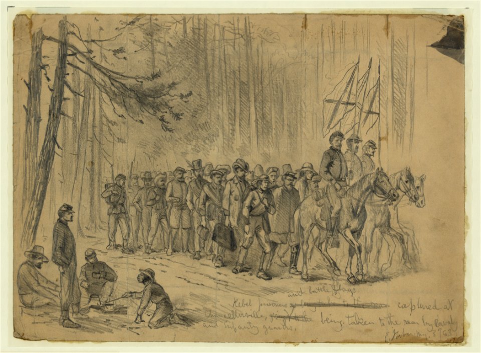 Rebel prisoners and battle flags captured at Chancellorsville, being taken to the rear by cavalry and infantry guards - E. Forbes. LCCN2004661818