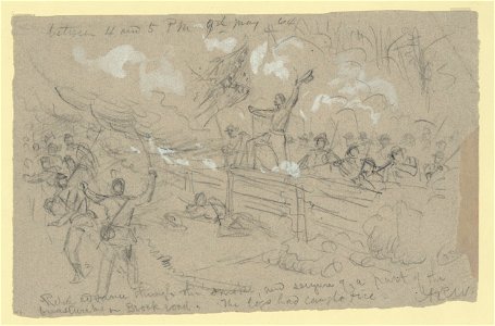 Rebel advance through the smoke, and seizure of a part of the breastworks on Brock road. The logs had caught fire LCCN2004660963