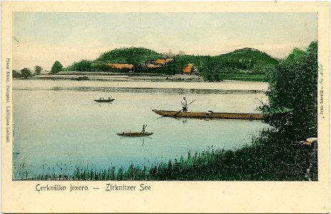 Razglednica Cerkniškega jezera z vasjo Otok 1910