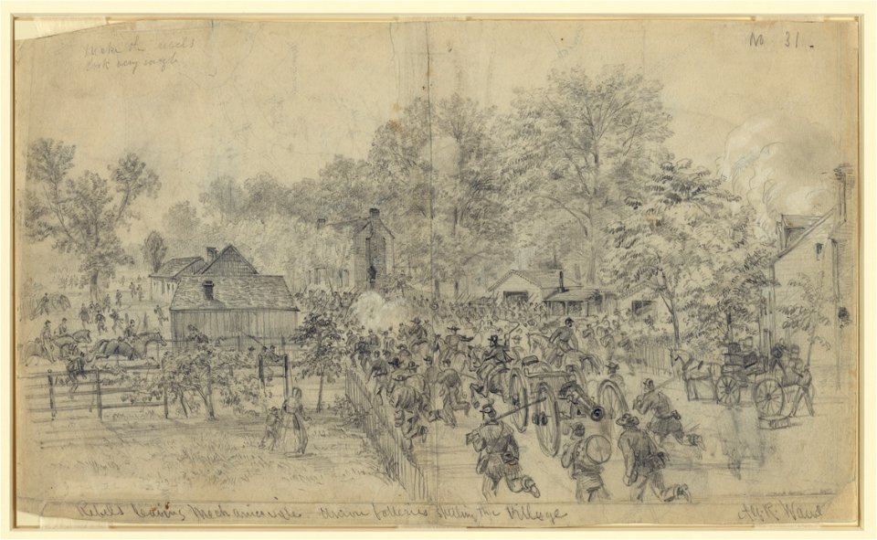 Rebels leaving Mechanicsville. Union batteries shelling the Village LCCN2004660789