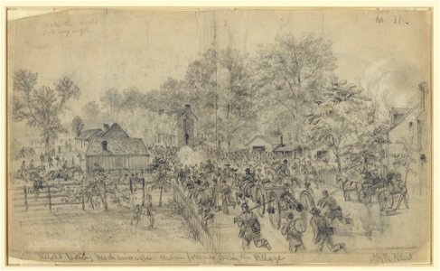 Rebels leaving Mechanicsville. Union batteries shelling the Village LCCN2004660789