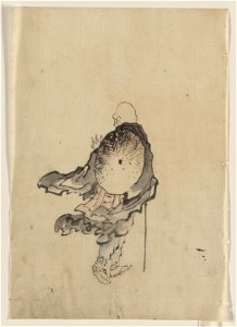 Rear view of a traveler or monk wearing cape and with large conical hat on his back, carrying a short staff in right hand LOC jpd.02785