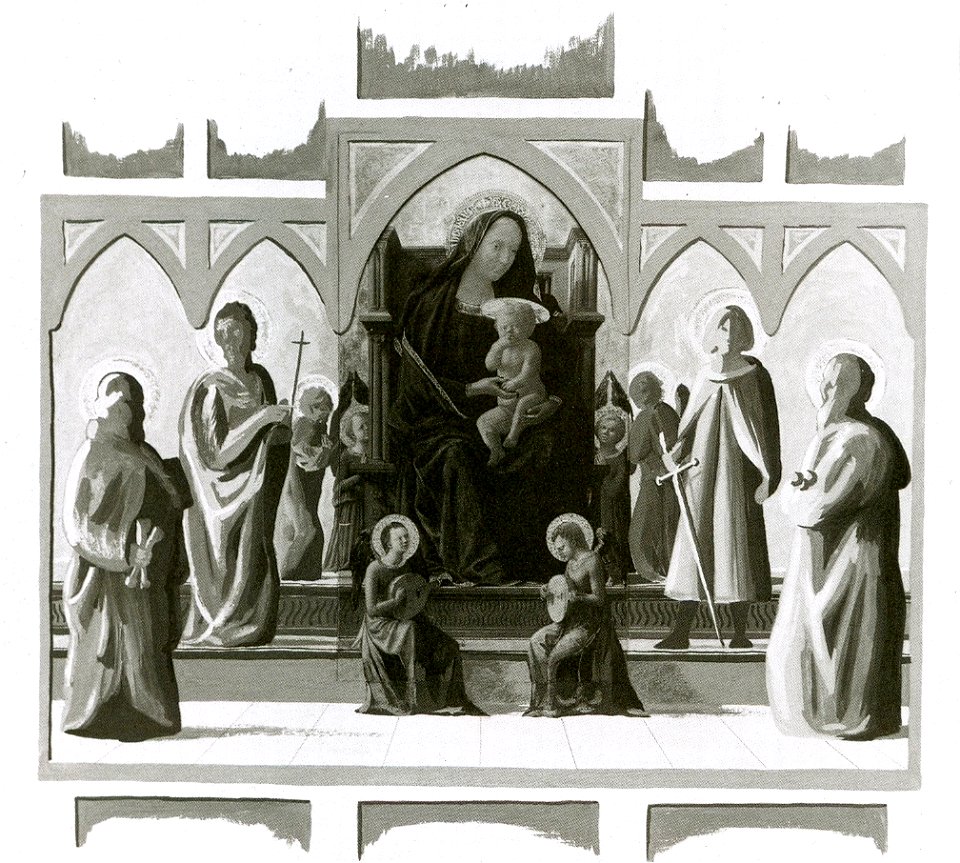Reconstruction of fragmrnts of Masaccio's Pisan altarpiece by John Shearman.