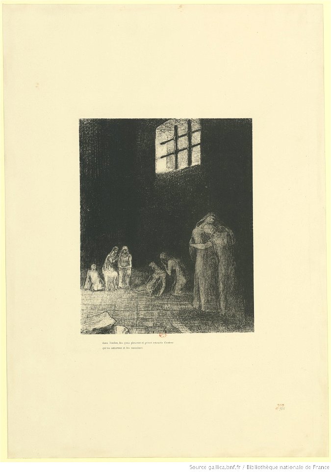 Redon - Dans l'ombre des gens pleurent et prient entourés d'autres qui les exhortent..., btv1b69511123