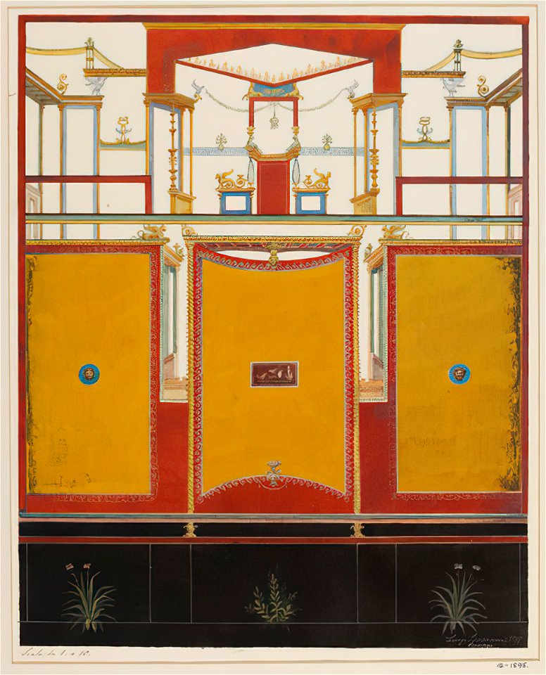 Red and gold architectural fresco in Pompeii watercolor by Luigi Bazzani