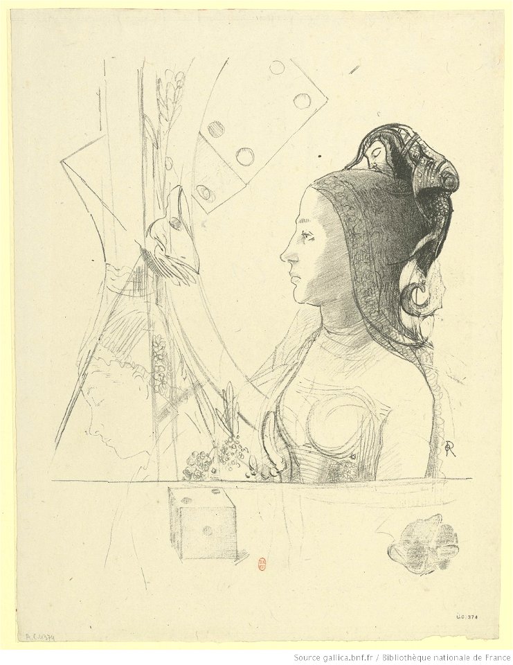 Redon - Femme de profil vers la gauche, coiffée d'un hennin, btv1b6951171z