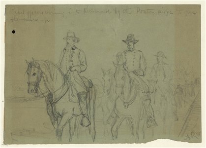 Rebel officers coming into Richmond by the ponton (sic) bridge to give themselves up LCCN2004660293