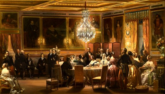 Reception in the Salon des Rois of the Château d'Eu in honour of Queen Victoria and Prince Albert, 3 September 1843. Free illustration for personal and commercial use.