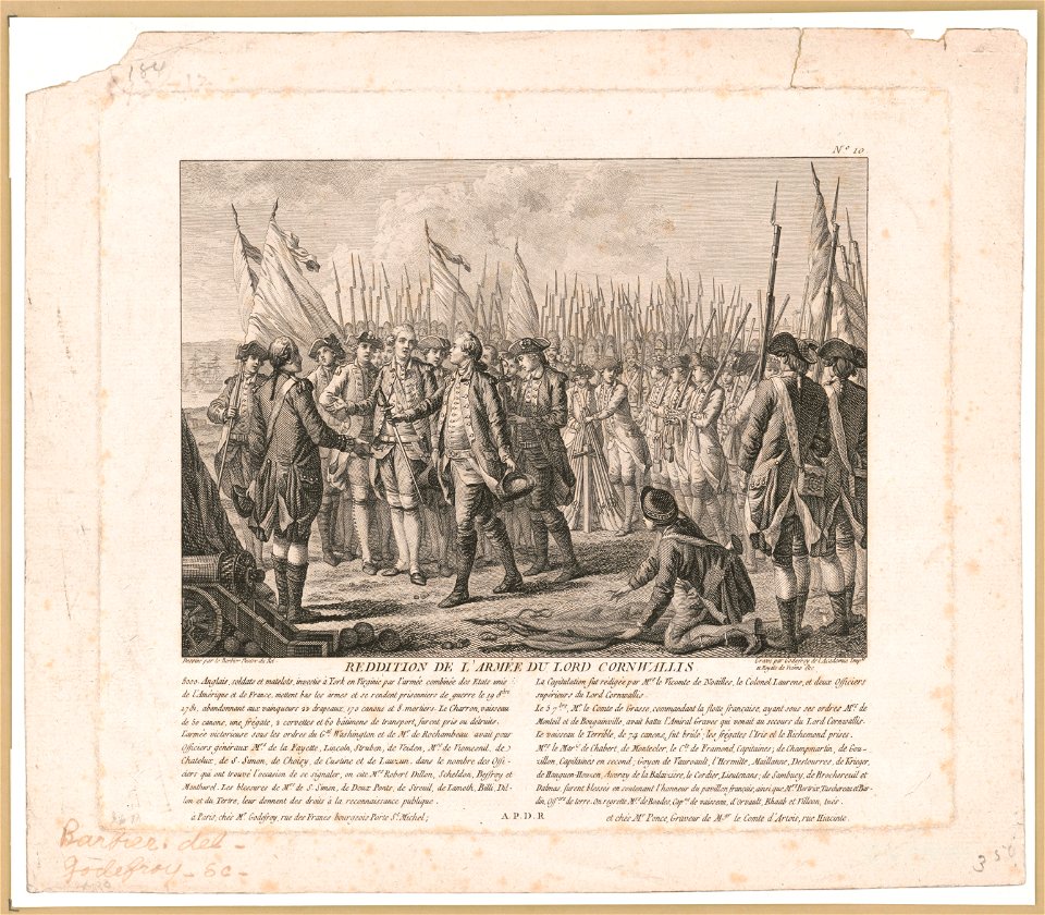 Reddition de l'armée du Lord Cornwalis - dessiné par le Barbier peintre du roi ; gravé par Godefroy de l'Academie Imple. et Royale de Vienne etc. LCCN2004671452