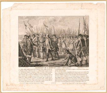Reddition de l'armée du Lord Cornwalis - dessiné par le Barbier peintre du roi ; gravé par Godefroy de l'Academie Imple. et Royale de Vienne etc. LCCN2004671452