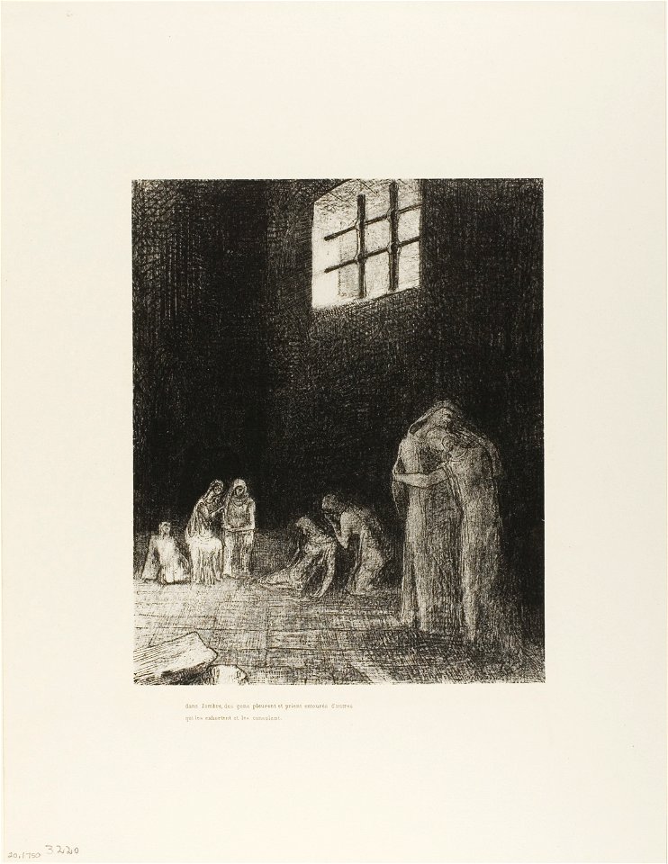 Redon - In the Shadow Are People, Weeping and Praying, Surrounded by Others Who Are Exhorting Them, plate 6 of 24, 1920.1750