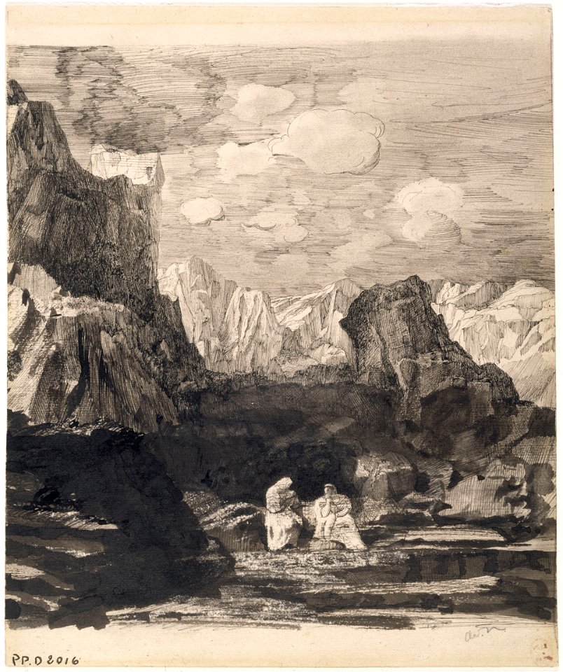 Redon - Deux personnages drapés dans un paysage de montagne rocheux, Vers 1865