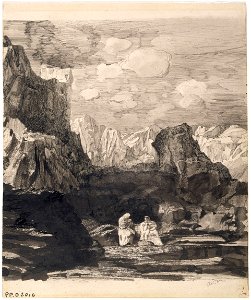 Redon - Deux personnages drapés dans un paysage de montagne rocheux, Vers 1865. Free illustration for personal and commercial use.