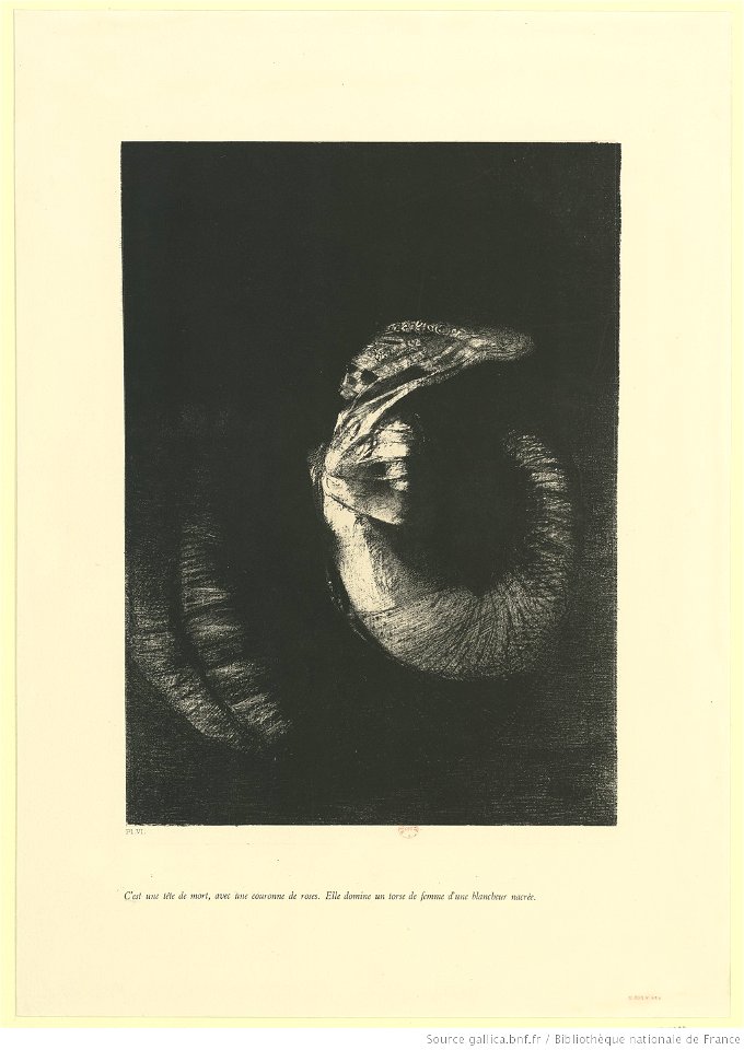 Redon - C'est une tête de mort, avec une couronne de roses. Elle domine un torse de femme d'une blancheur nacrée, btv1b6951051v