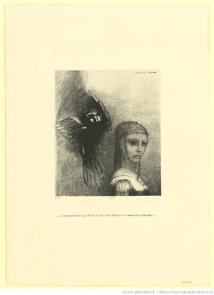 Redon - ... et un grand oiseau qui descend du ciel vient s'abattre sur le sommet de sa chevelure, btv1b6951048c
