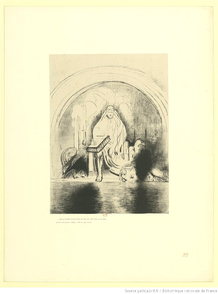 Redon - Puis je vis, dans la main droite de celui qui était assis sur le trône, un livre écrit dedans et dehors, scellé de sept sceaux, btv1b69511605