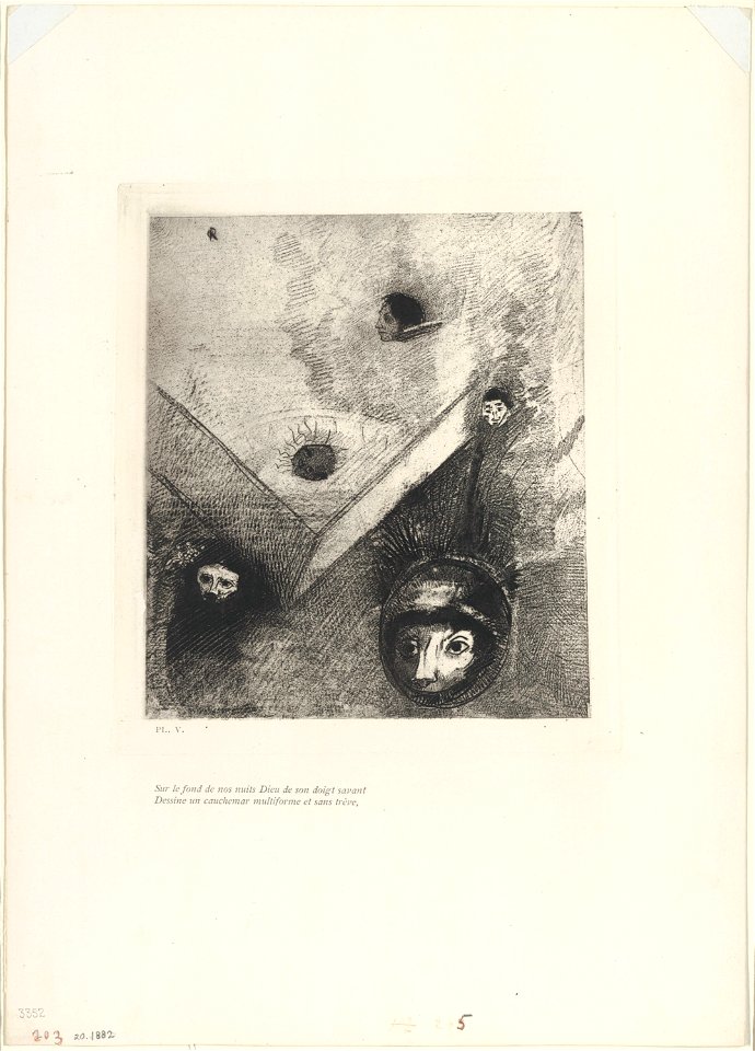 Redon - On the Backdrop of Our Nights God with His Knowing Finger Traces a Multiform Implacable Nightmare, plate 6 of 9, 1920.1882