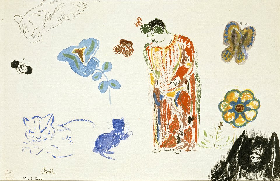Redon - Feuille d'études femme, fleurs et animaux, Entre 1910 et 1914