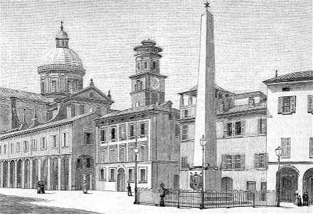 Reggio Emilia – Piazza Gioberti e Obelisco ai Martiri italiani (xilografia)
