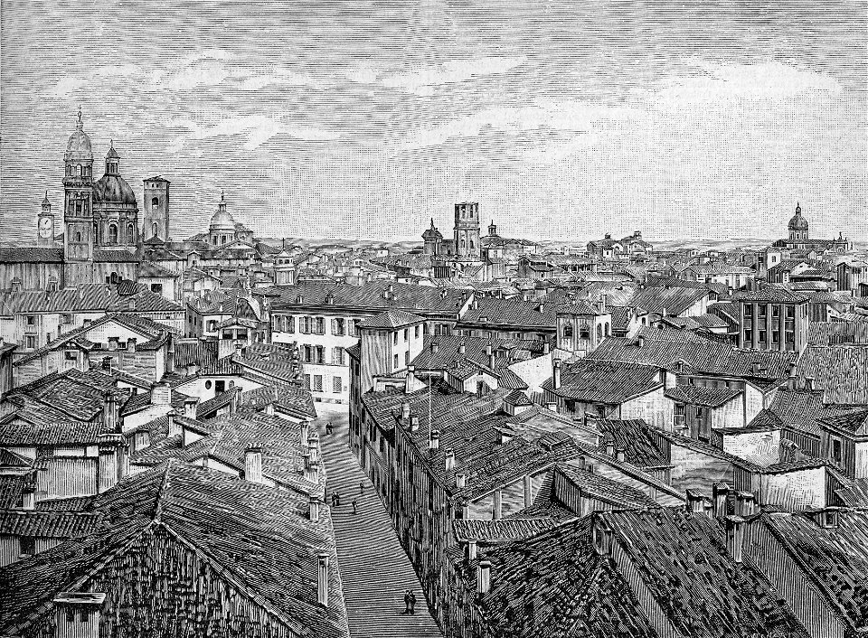 Reggio Emilia – Panorama della città (xilografia)