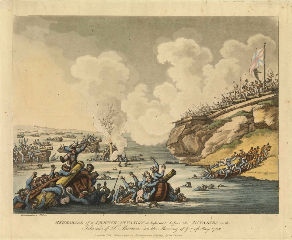 Rehearsal of a French Invasion as Performed before the Invalids at the Islands of St Marcou on the Morning of ye 7 of May 1798 (caricature) RMG PX8992