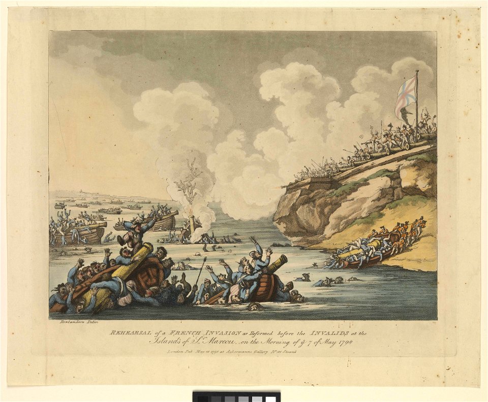 Rehearsal of a French Invasion as Performed before the Invalids at the Islands of St Marcou on the Morning of ye 7 of May 1798 (caricature) RMG PX8992