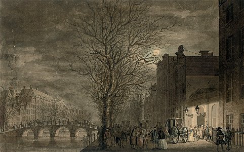Reinier Vinkeles Keizersgracht with people leaving the theatre 1760. Free illustration for personal and commercial use.