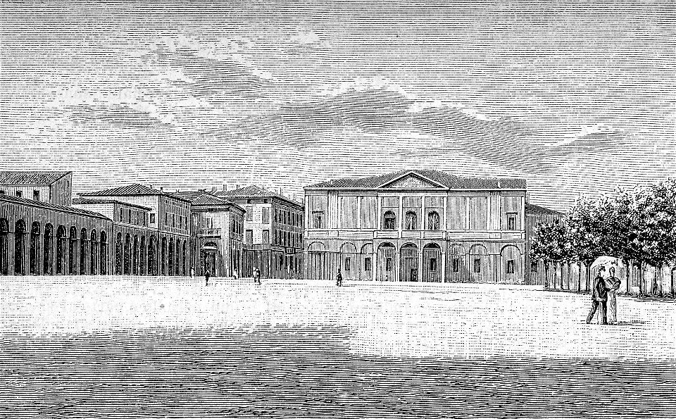 Reggio Emilia – Corso Cairoli e Politeama Ariosto (xilografia)