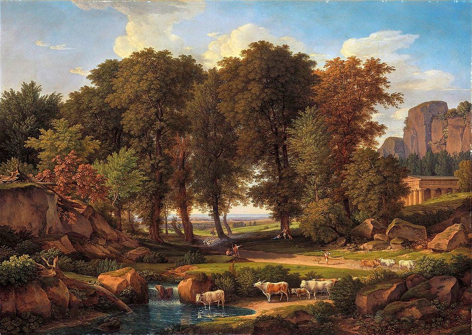 J C Reinhart - Baumgruppe mit Kühen an der Tränke (1836)