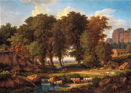 J C Reinhart - Baumgruppe mit Kühen an der Tränke (1836)
