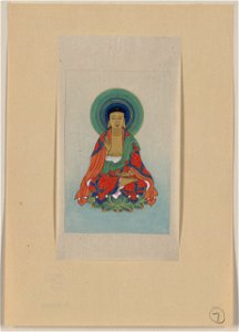 Religious figure, possibly Buddha, sitting on a lotus, facing front, with blue-green halo behind his head LCCN2009630166
